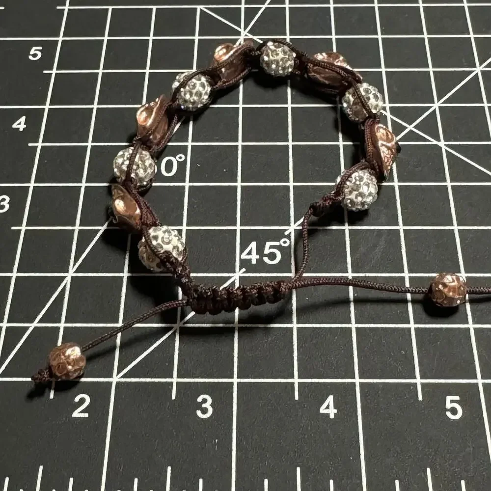 Rose Gold Tone Skull Bracelet with Crystal Rhinestone Beads and Adjustable Cord